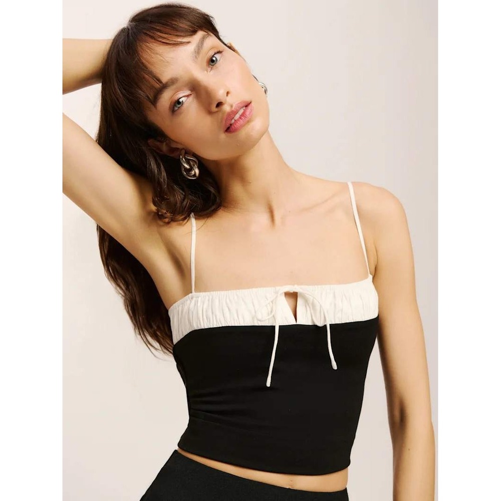 Reformation Sadir Knit Top Colorblock Tie Front Adjustable Straps Black White XS
